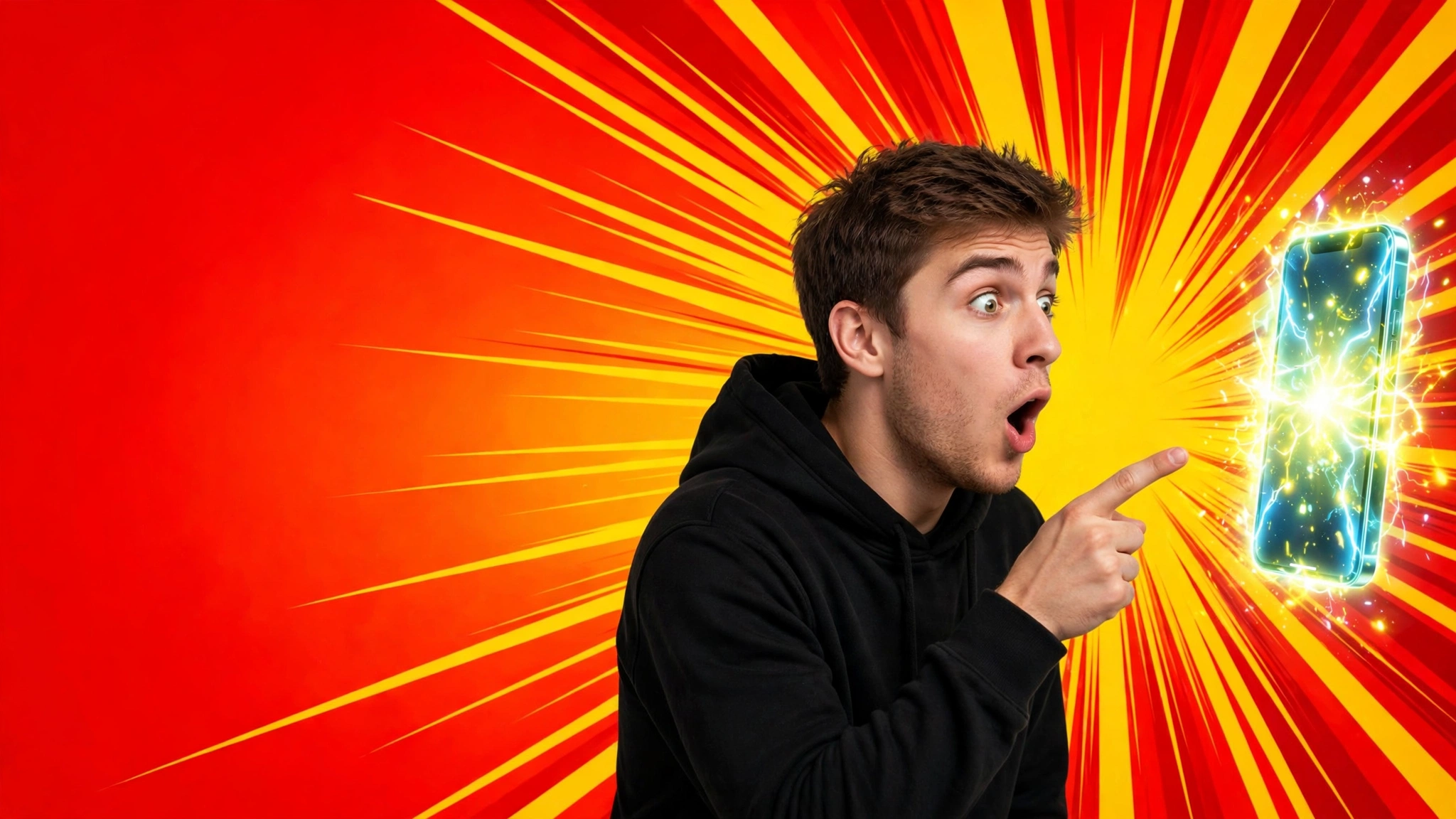 High-energy YouTube thumbnail: a shocked creator pointing at a glowing smartphone against a red and yellow burst background